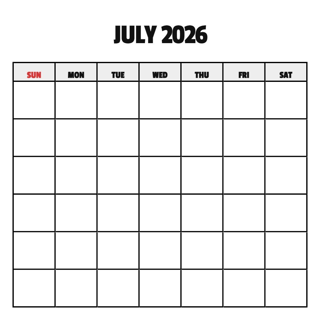 Free Printable July Calendar 2026 Blank PDF Download