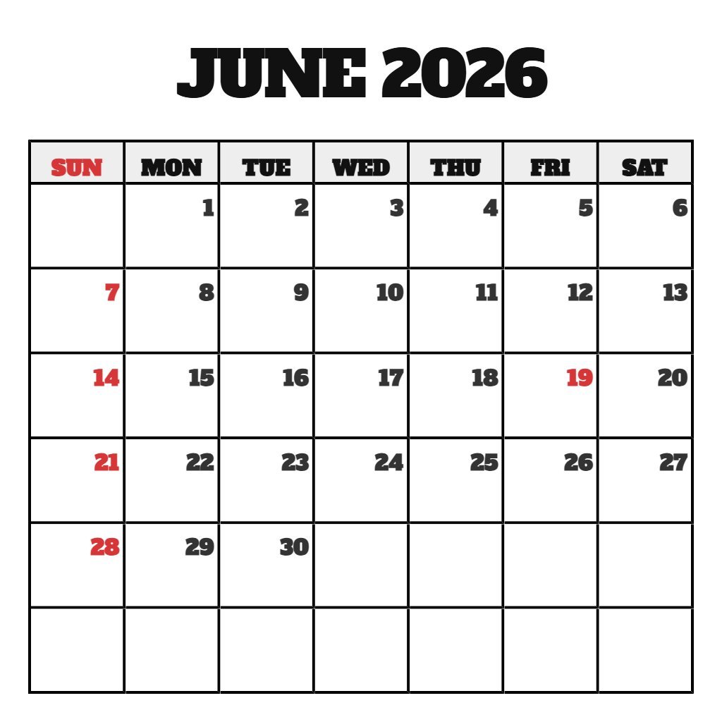 Free Free Printable June 2026 Calendar Planning PDF Download
