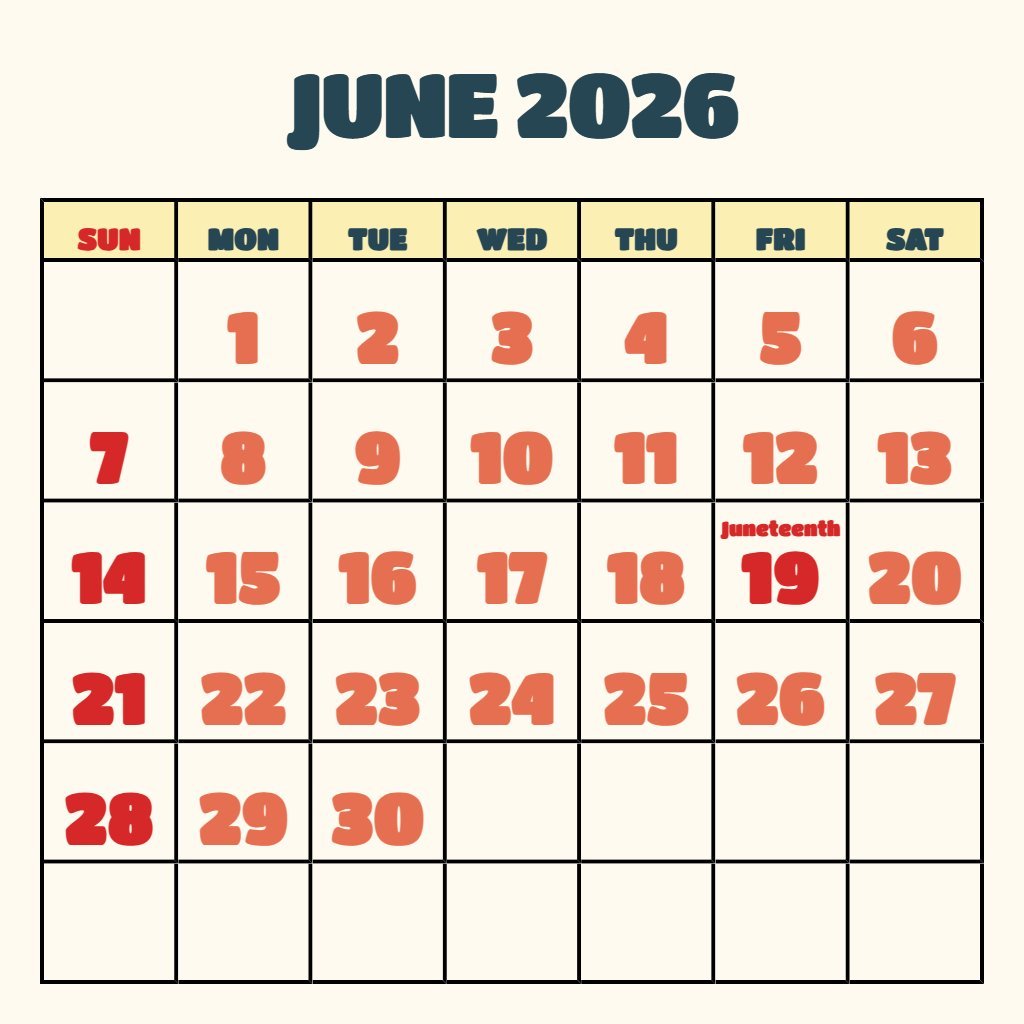 Cute Free Printable June Calendar 2026 Schedule PDF Download