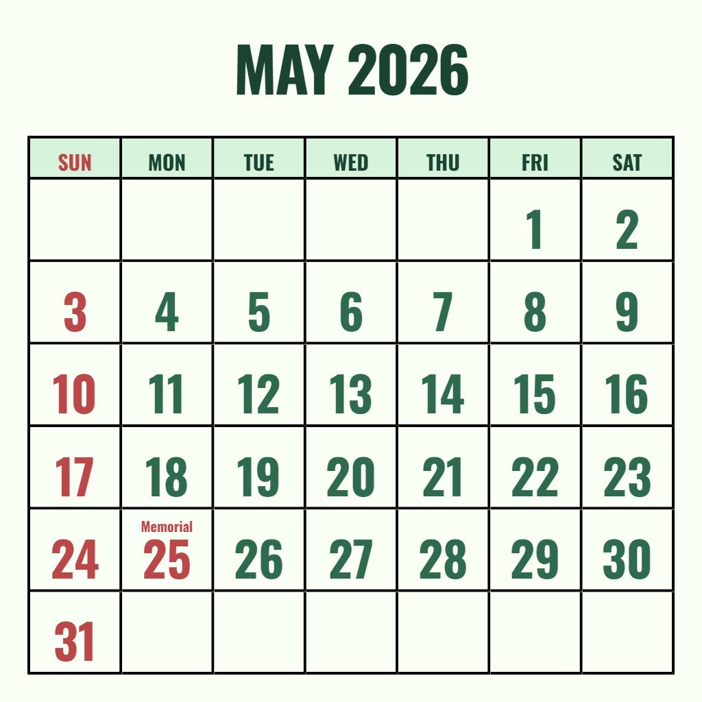 Custom Free Printable May 2026 Calendar Planning PDF Download