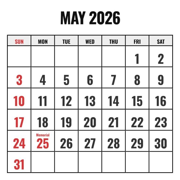 Free Printable May 2026 Calendar PDF Download