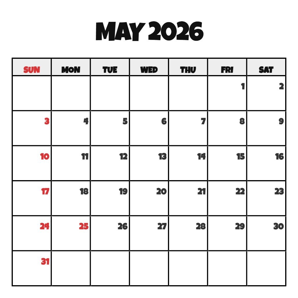 Editable Free Printable May Calendar 2026 Schedule PDF Download