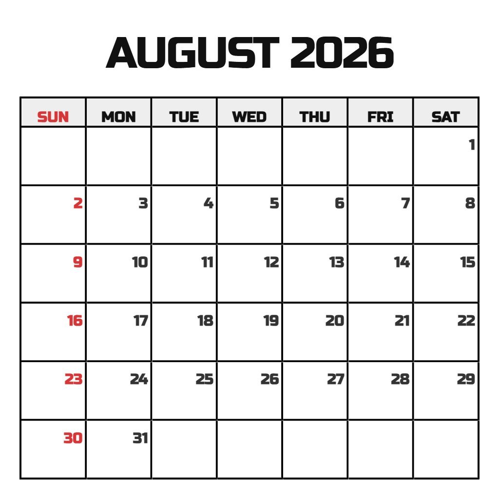 Custom Free Printable Monthly August 2026 Calendar Printable Schedule PDF Download