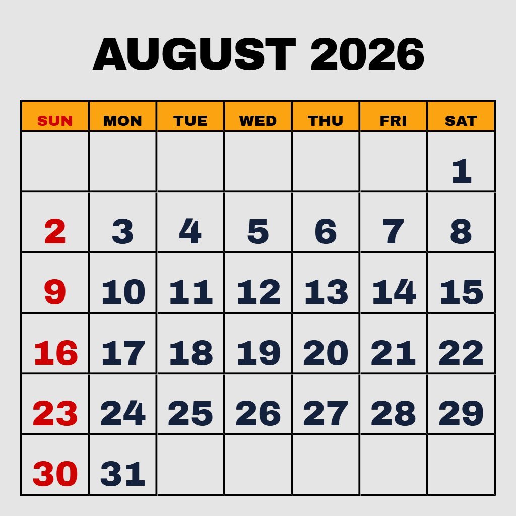 Editable Free Printable Monthly August 2026 Calendar Printable Notes PDF Download