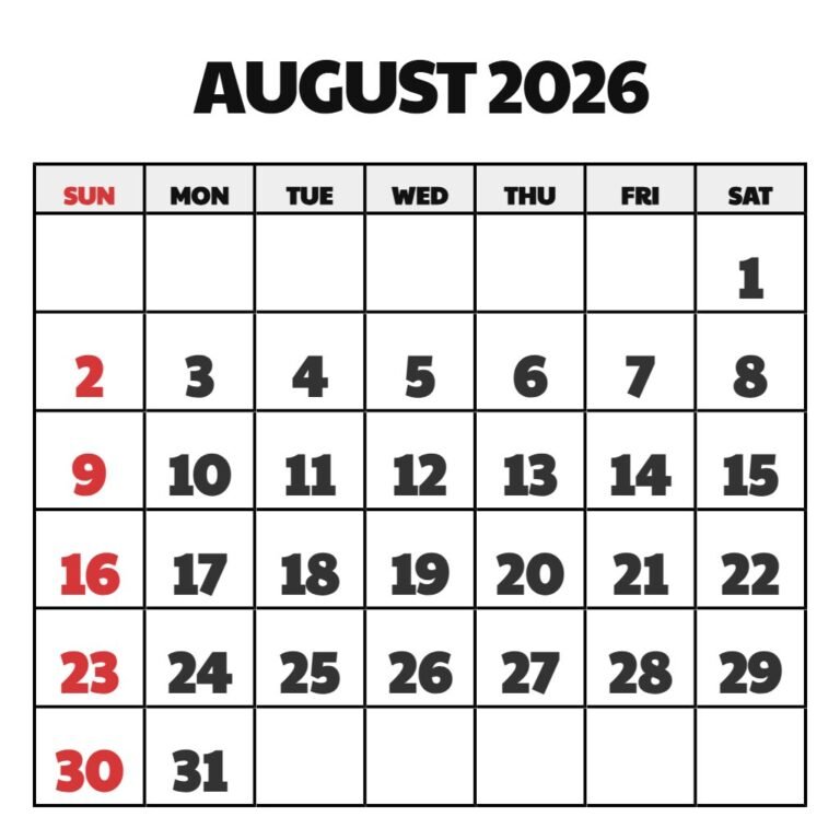 Free Printable Monthly August 2026 Calendar Printable PDF Download