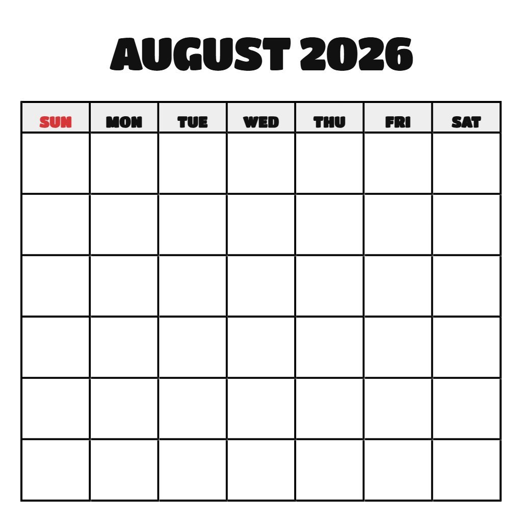 Free Printable Monthly August 2026 Calendar Printable Blank PDF Download