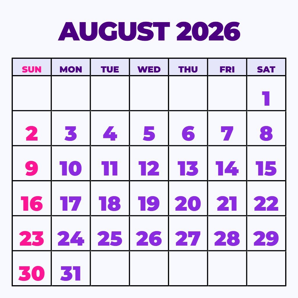 Free Free Printable Monthly Calendar August 2026 Planning PDF Download