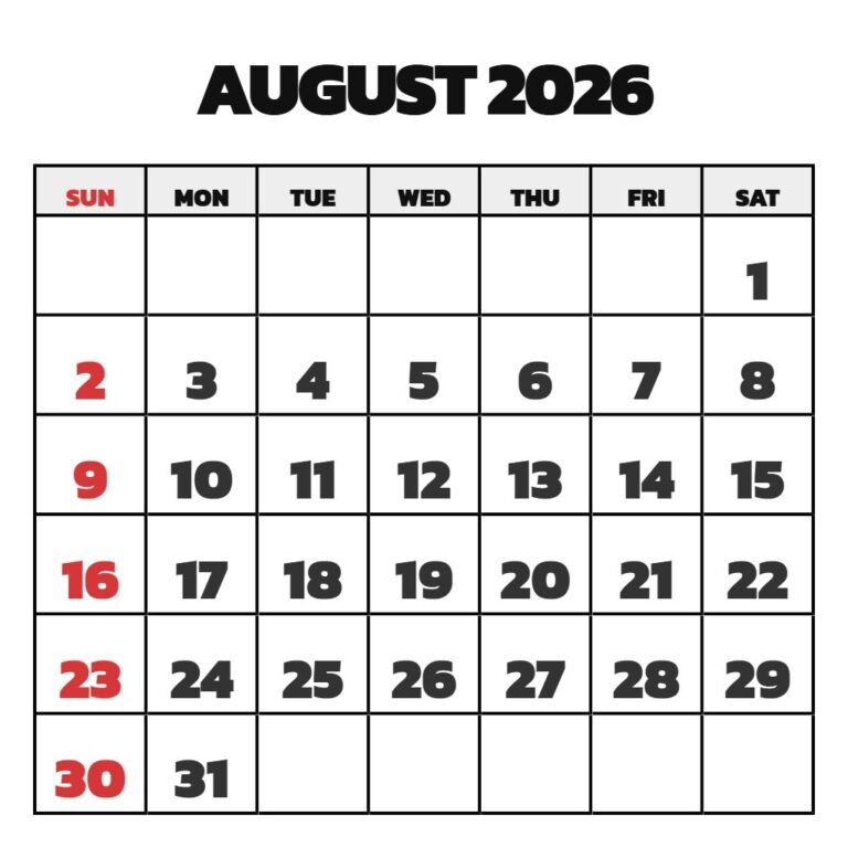 Free Printable Monthly Calendar August 2026 PDF Download
