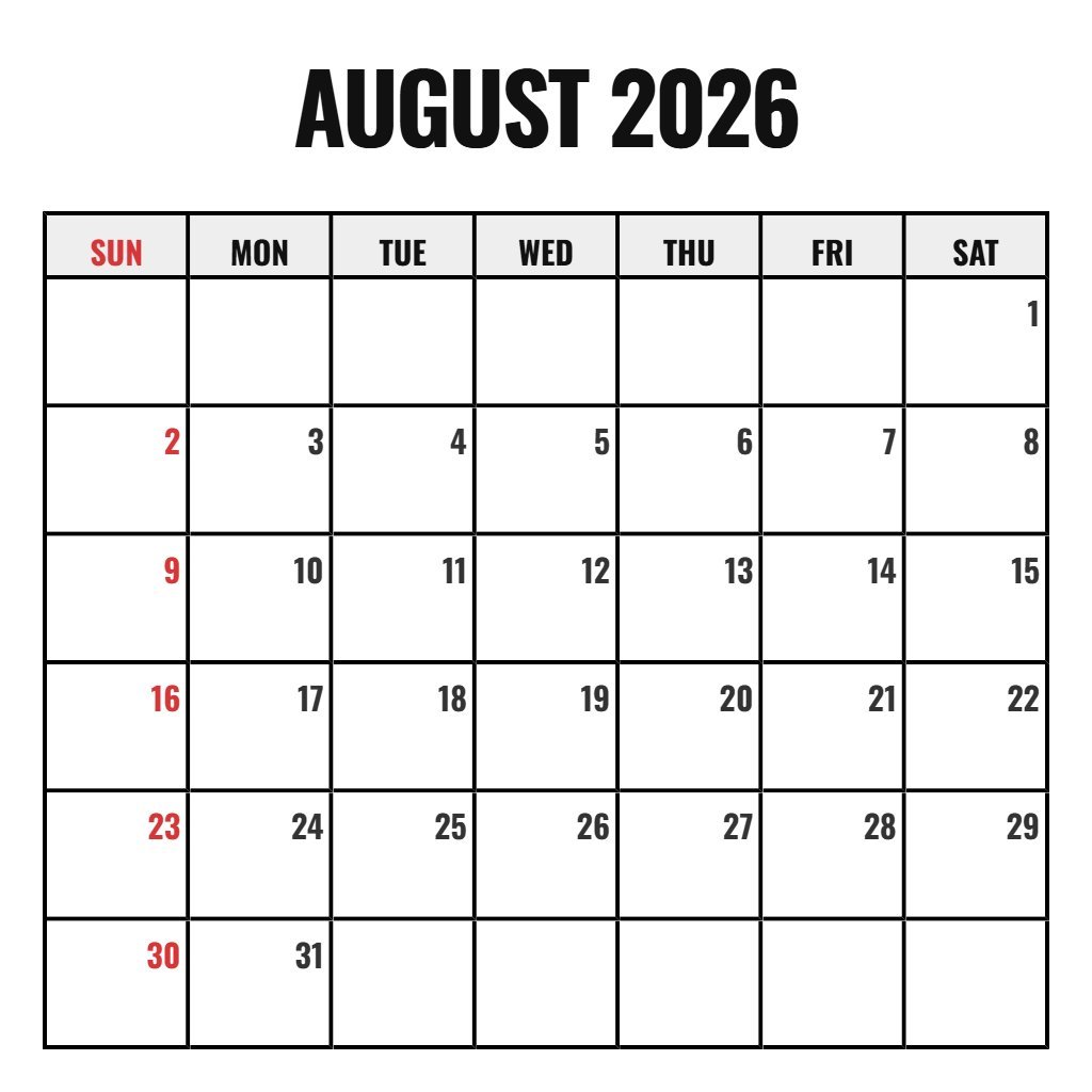 Free Free Printable Monthly Calendar August 2026 Pdf Planning PDF Download