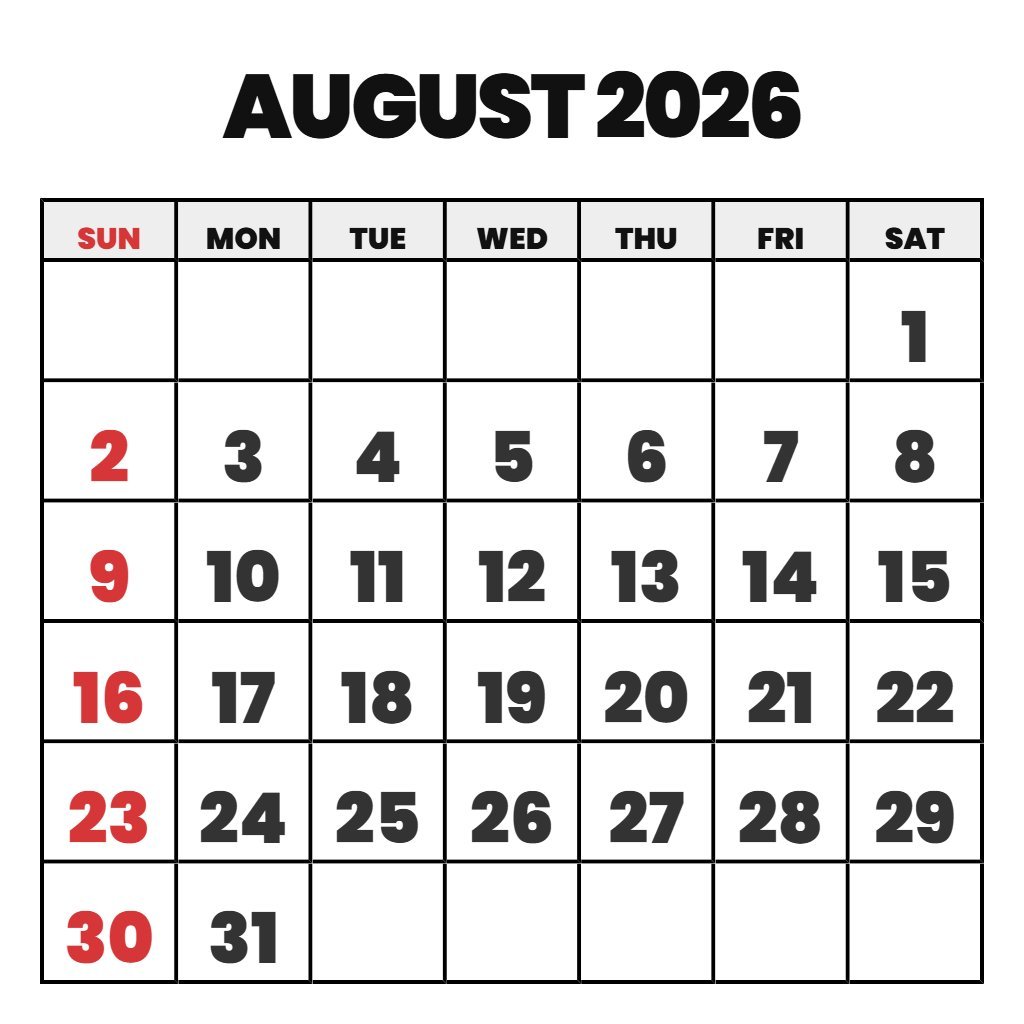 Free Printable Monthly Calendar August 2026 Pdf PDF Download