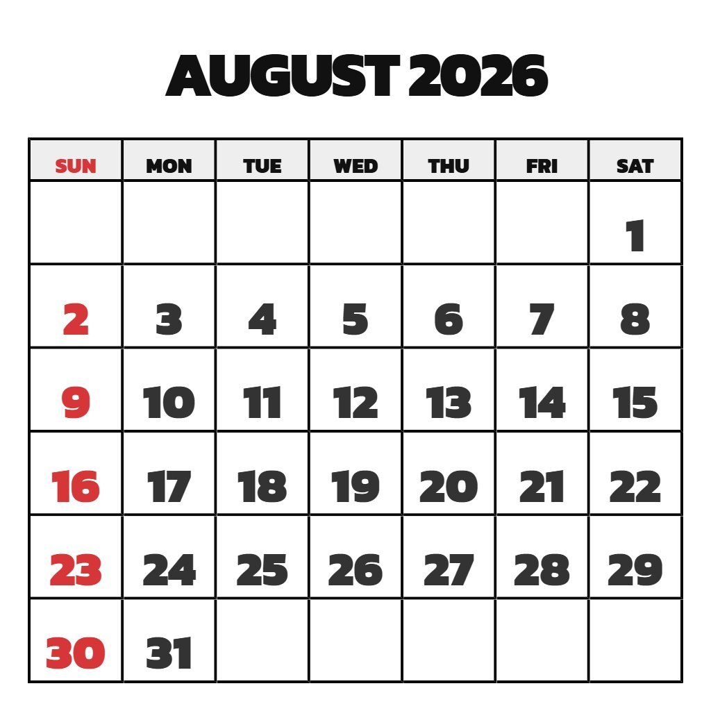 Free Printable Monthly Calendar August 2026 PDF Download