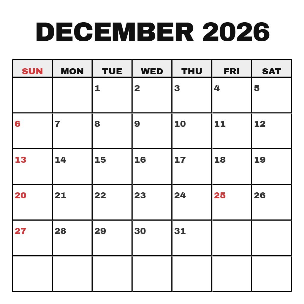Cute Free Printable Monthly Calendar December 2026 Wallpaper PDF Download