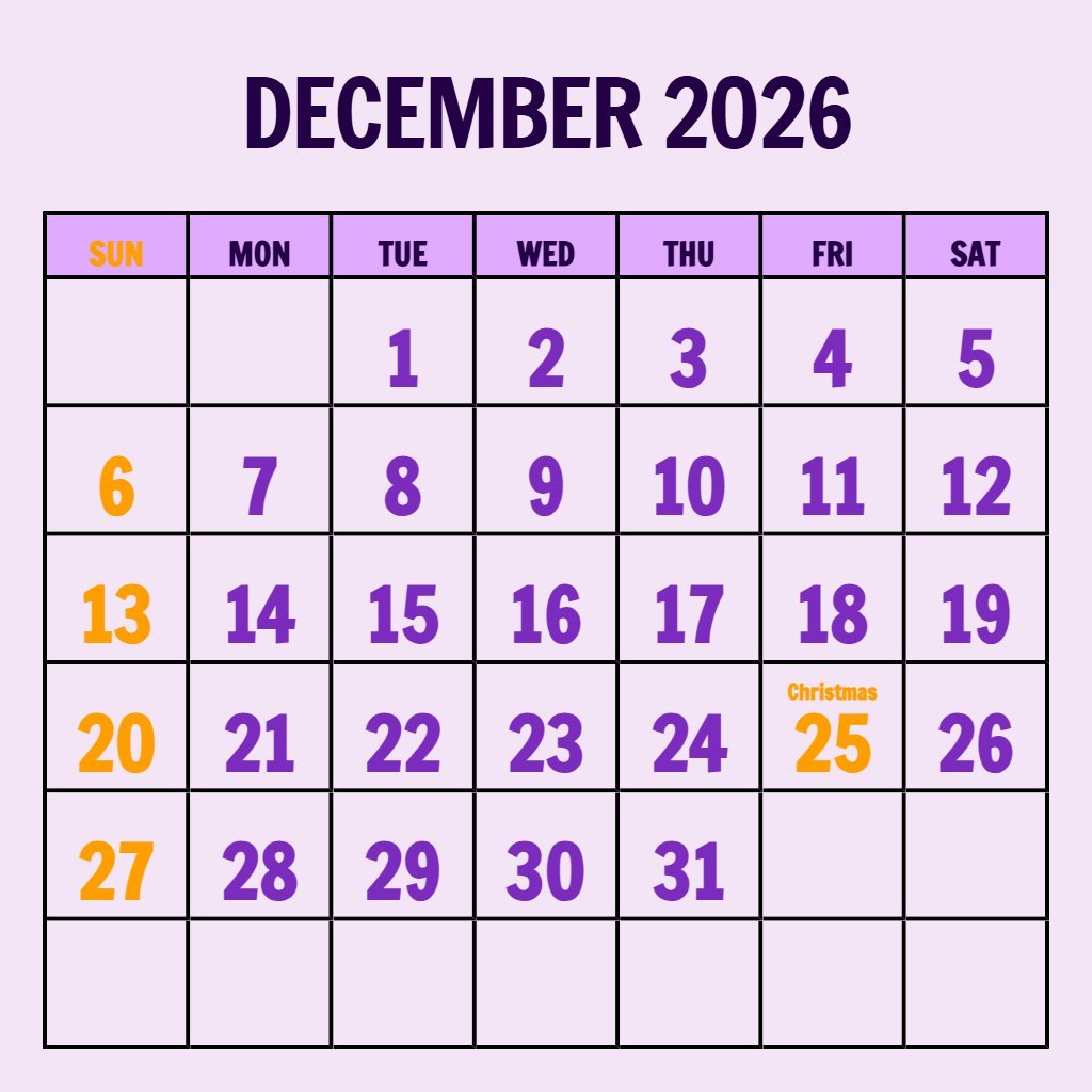 Custom Free Printable Monthly Calendar December 2026 Wallpaper PDF Download