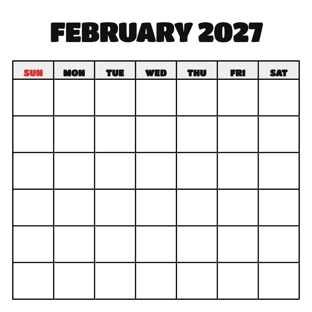 Free Printable Monthly Calendar February 2027 Blank PDF Download