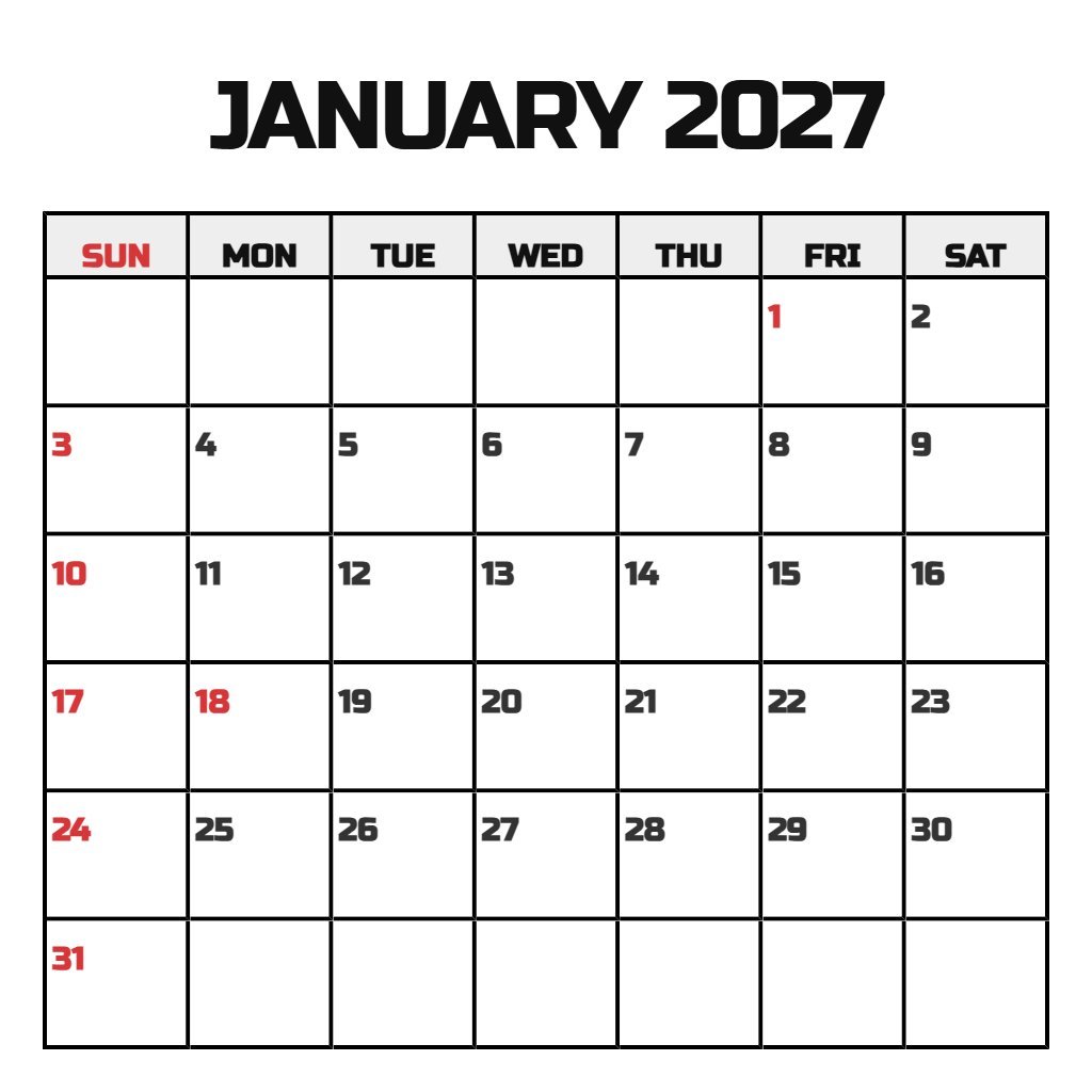 Editable Free Printable Monthly Calendar January 2027 Schedule PDF Download