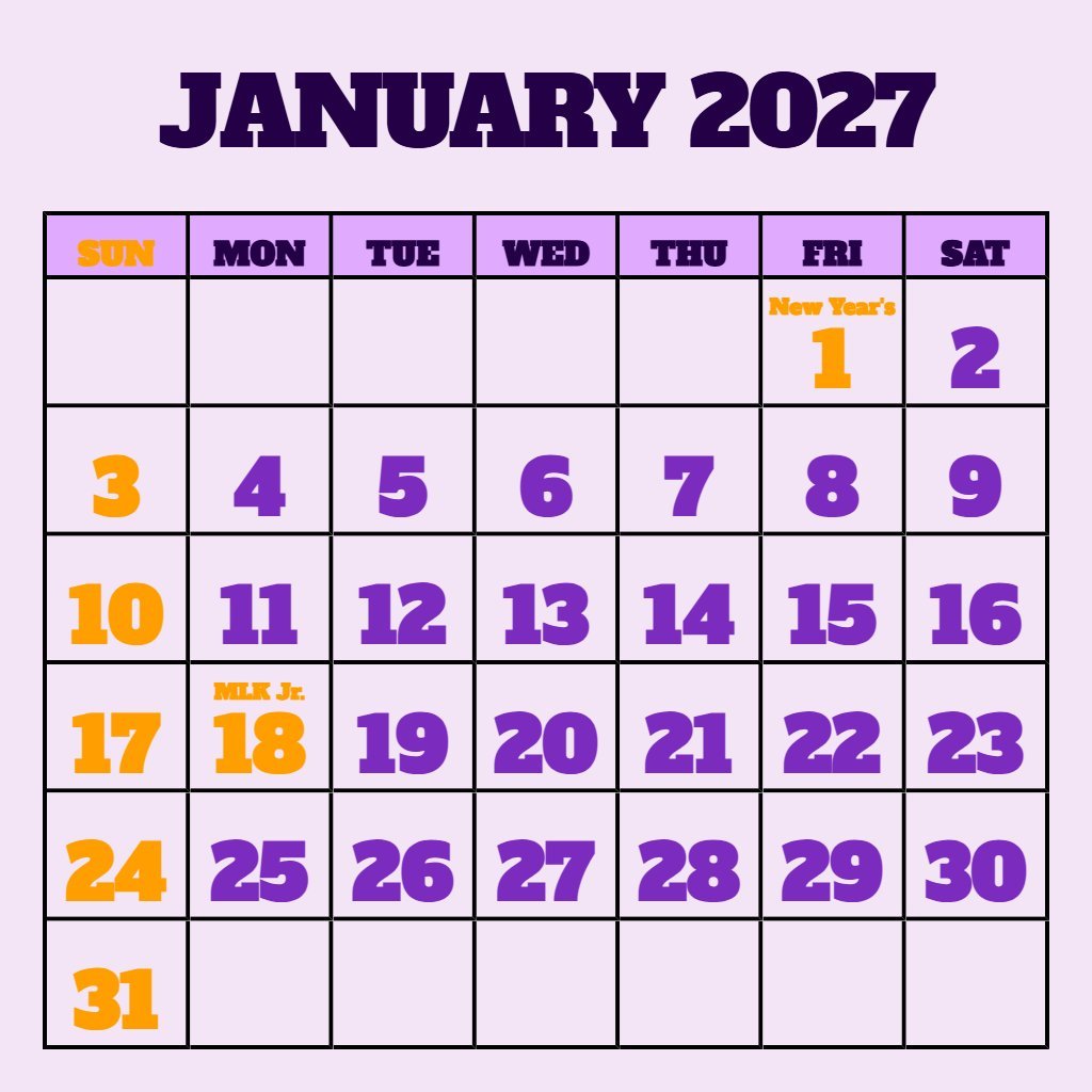 Editable Free Printable Monthly Calendar January 2027 Notes PDF Download