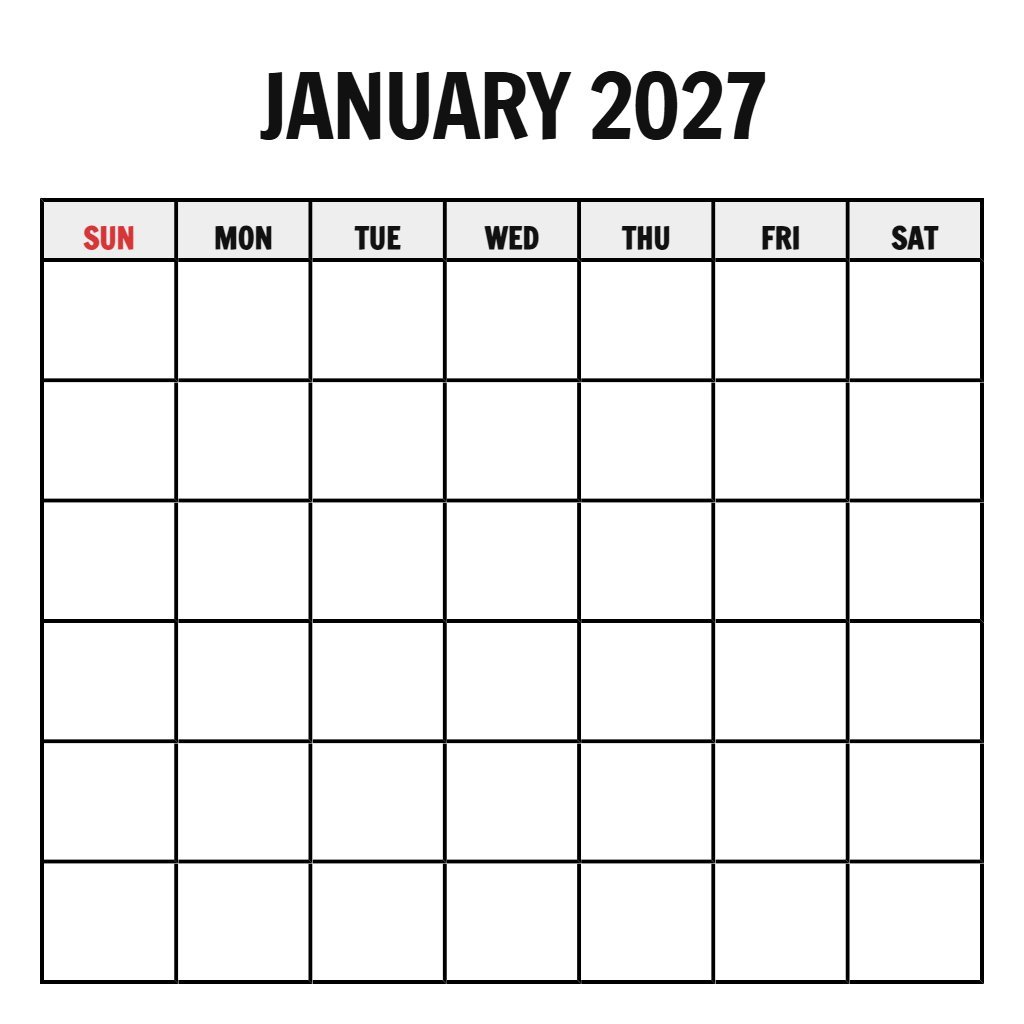 Free Printable Monthly Calendar January 2027 Blank PDF Download
