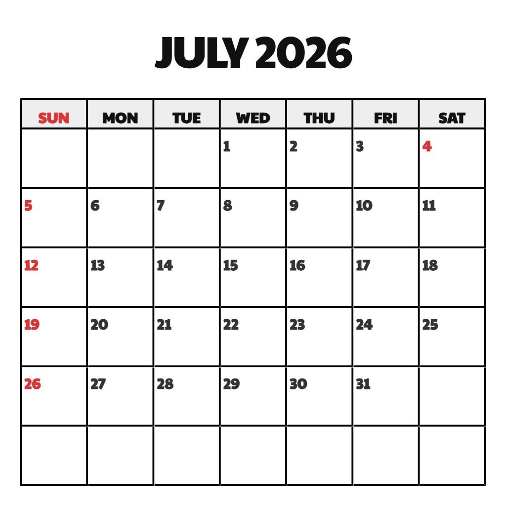 Free Free Printable Monthly Calendar July 2026 Schedule PDF Download