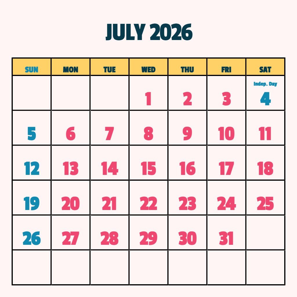 Custom Free Printable Monthly Calendar July 2026 Schedule PDF Download