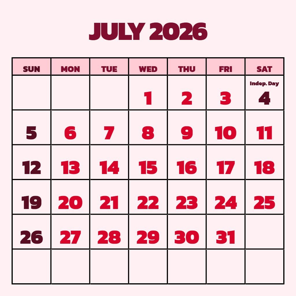 Free Free Printable Monthly Calendar July 2026 Schedule PDF Download