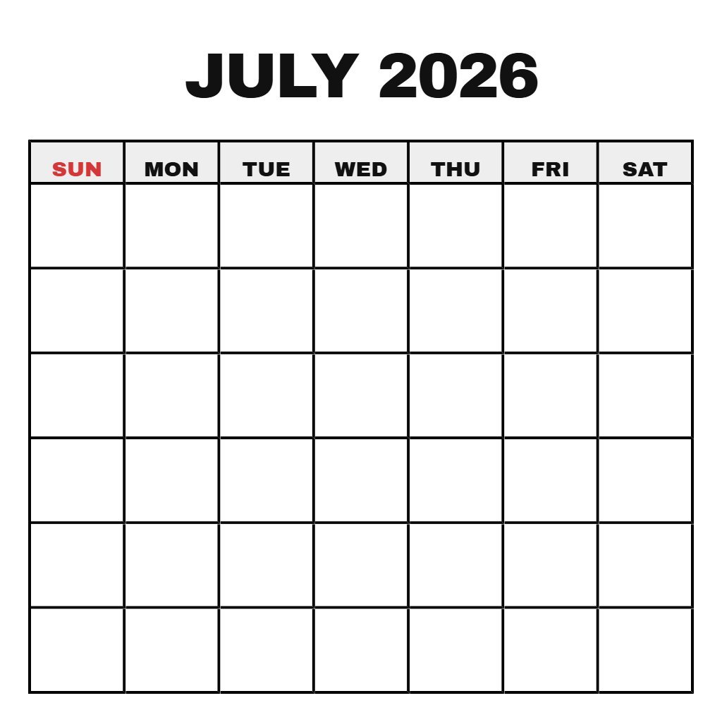Free Printable Monthly Calendar July 2026 Blank PDF Download