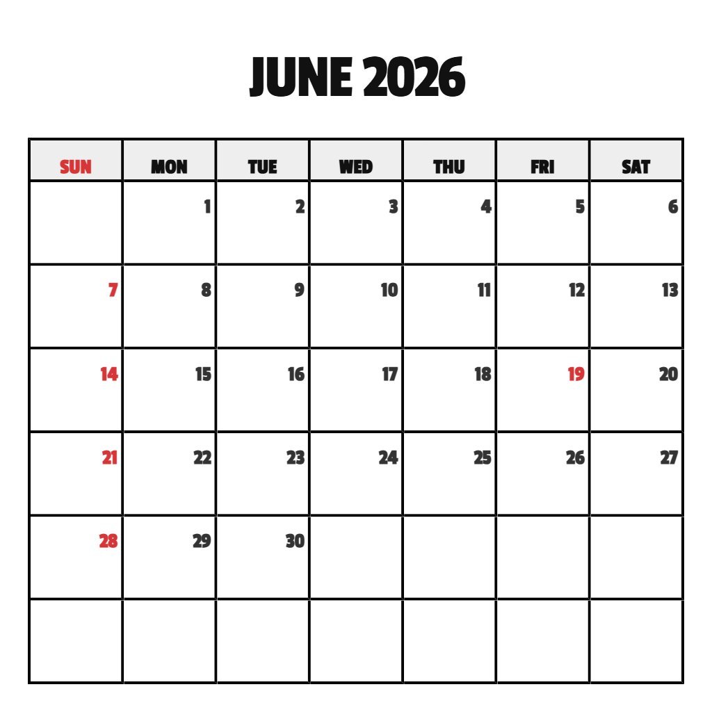 Editable Free Printable Monthly Calendar June 2026 Planning PDF Download