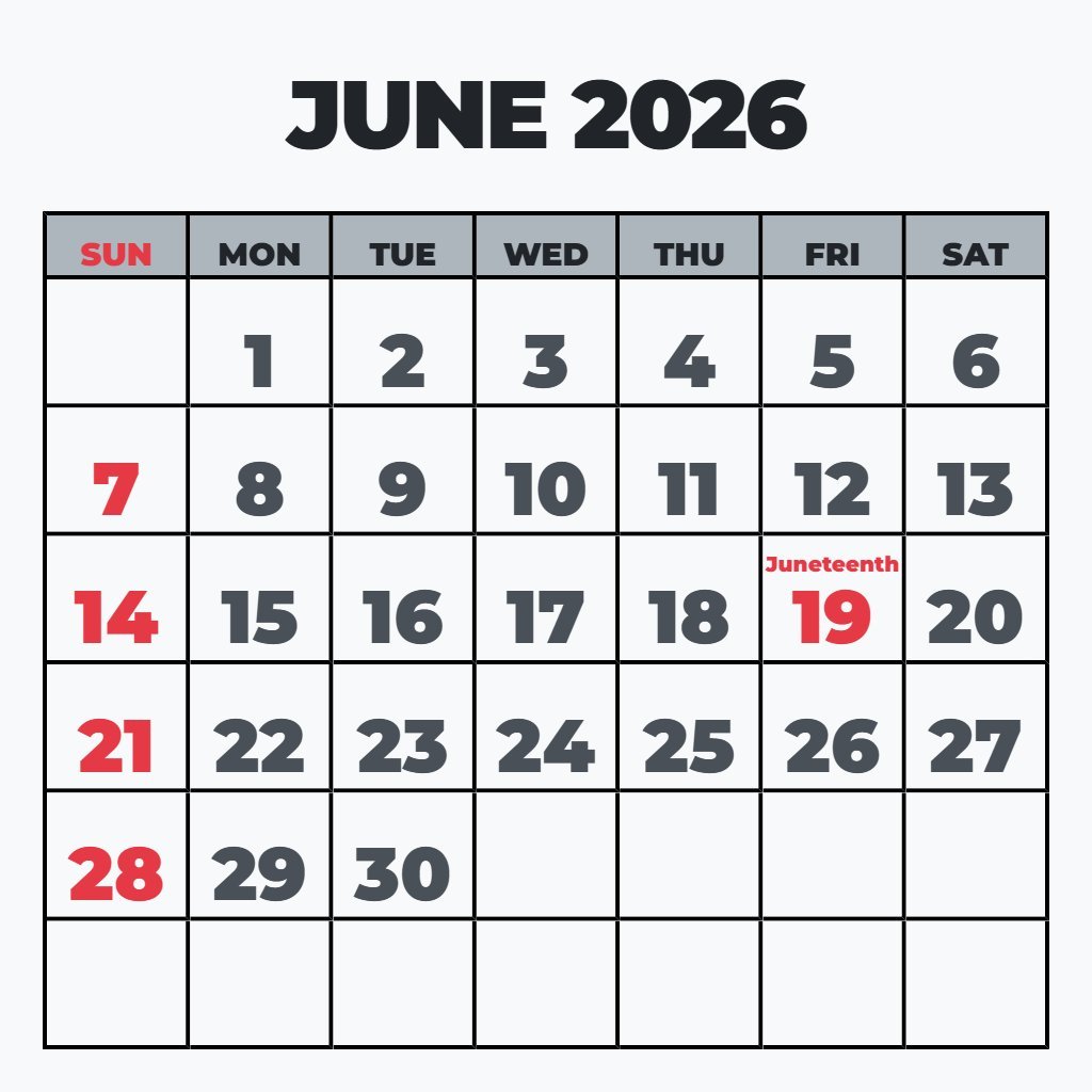 Custom Free Printable Monthly Calendar June 2026 Notes PDF Download