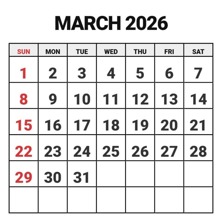 Free Printable Monthly Calendar March 2026 PDF Download