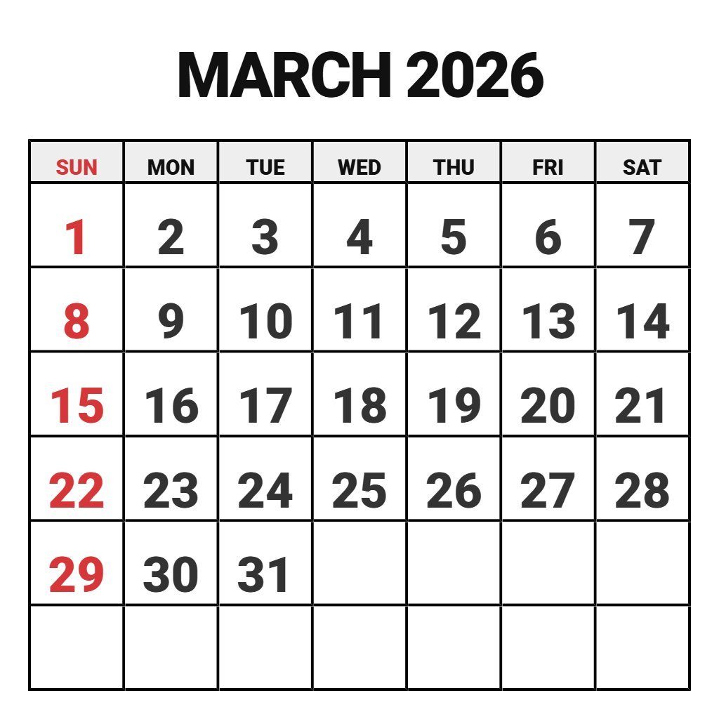 Free Printable Monthly Calendar March 2026 PDF Download