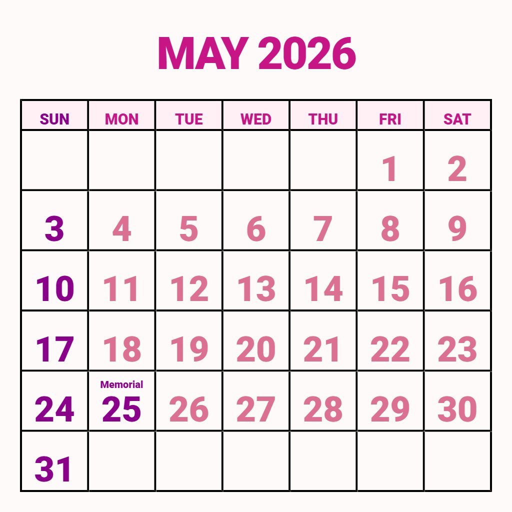 Editable Free Printable Monthly Calendar May 2026 Schedule PDF Download