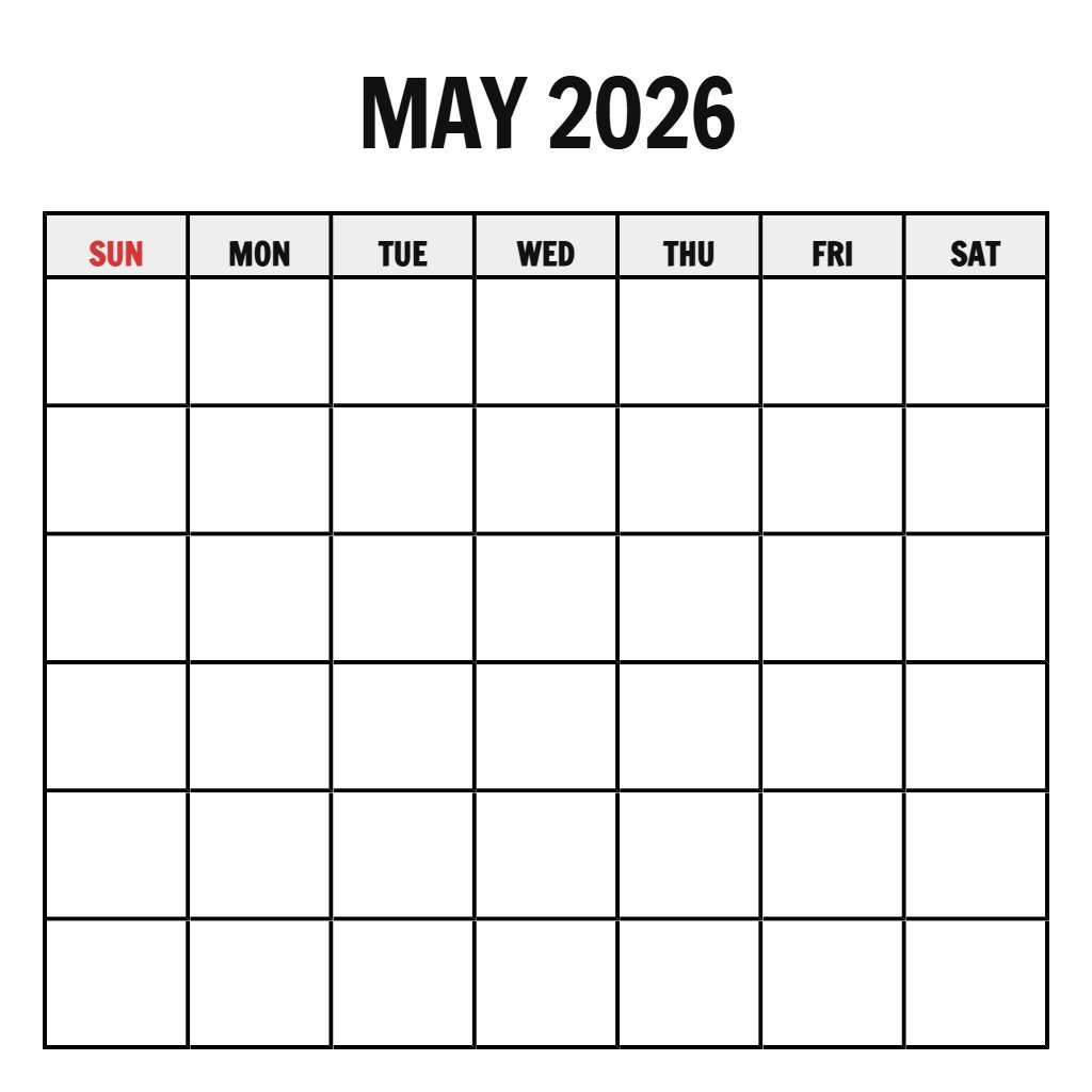 Free Printable Monthly Calendar May 2026 Blank PDF Download