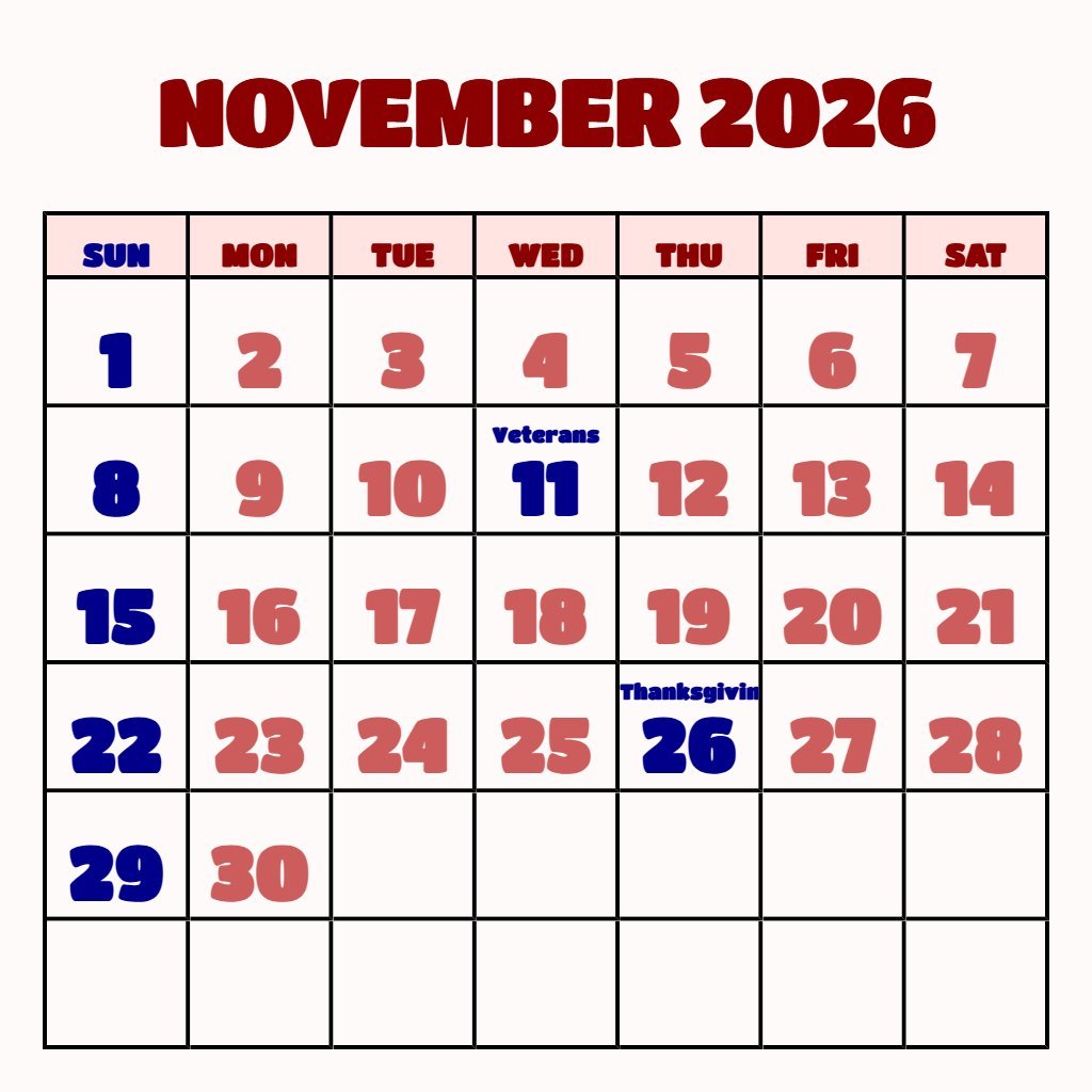 Custom Free Printable Monthly Calendar November 2026 Wallpaper PDF Download