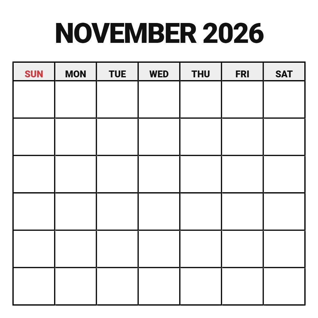 Free Printable Monthly Calendar November 2026 Blank PDF Download