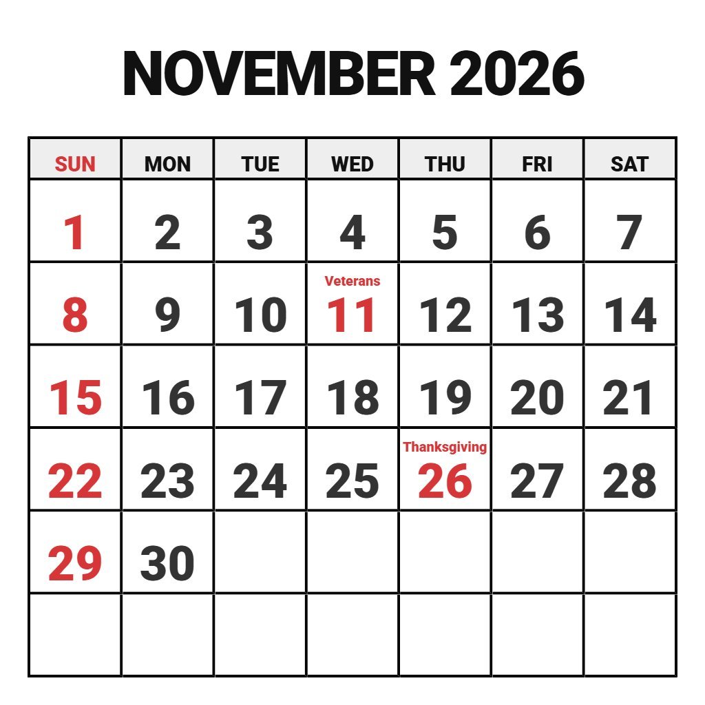 Free Printable Monthly Calendar November 2026 PDF Download