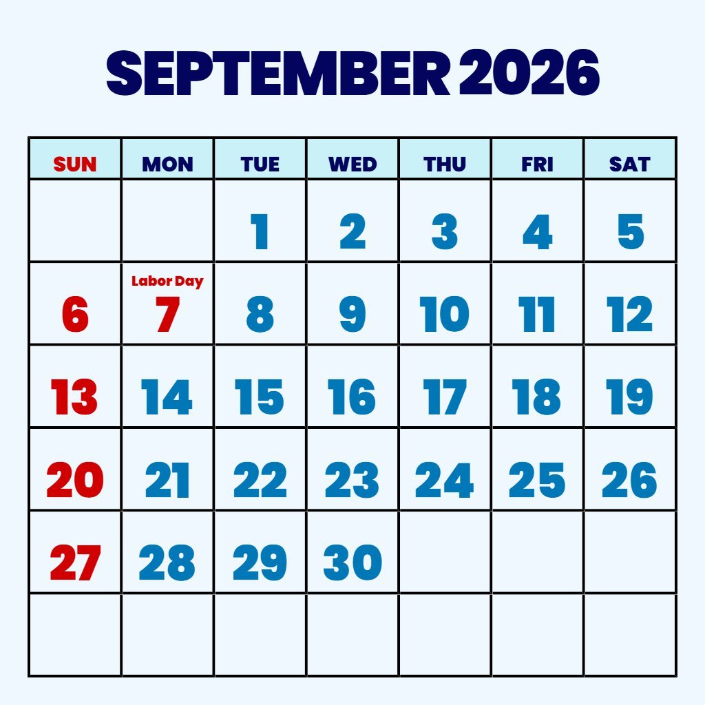 Free Free Printable Monthly Calendar September 2026 Schedule PDF Download