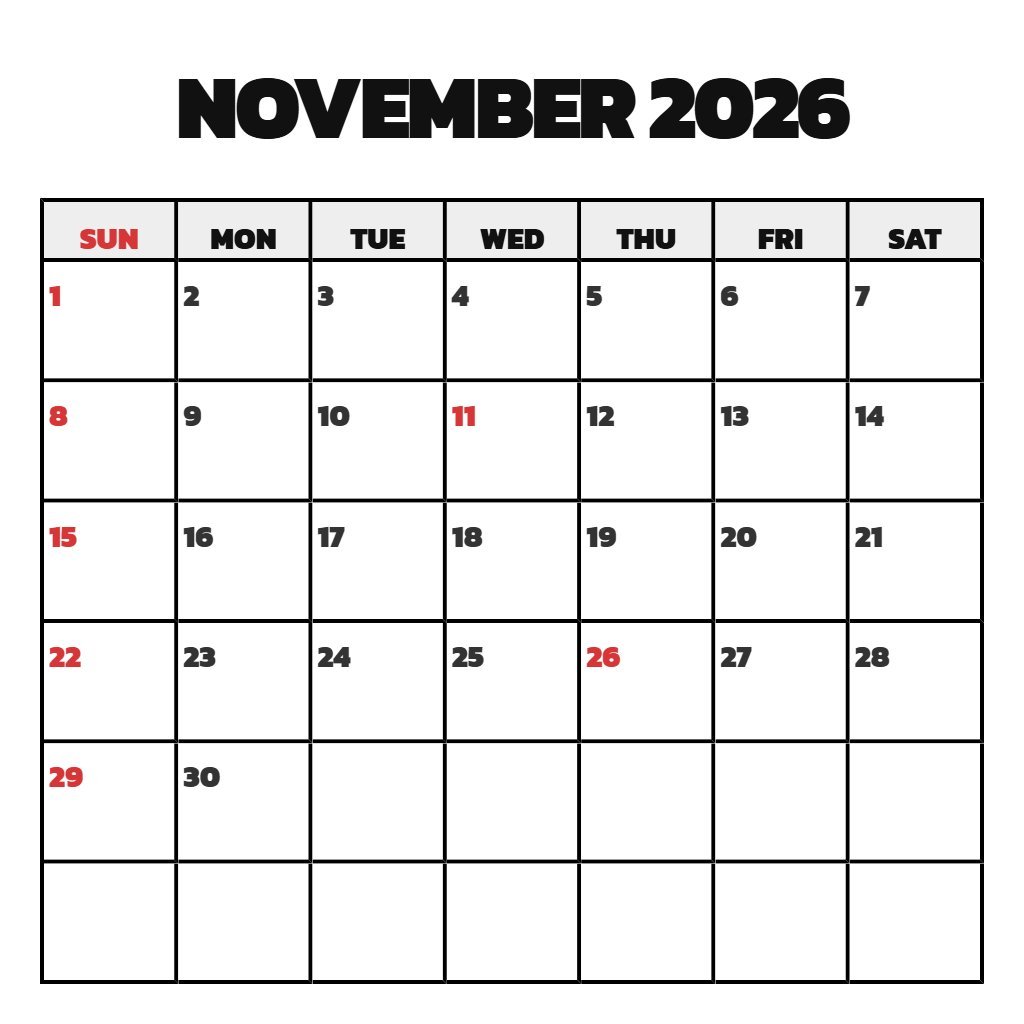 Editable Free Printable November 2026 Calendar Schedule PDF Download