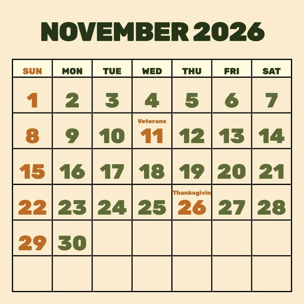 Free Free Printable November 2026 Calendar Schedule PDF Download