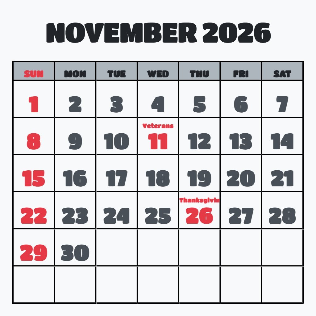 Cute Free Printable November 2026 Calendar Pdf Planning PDF Download