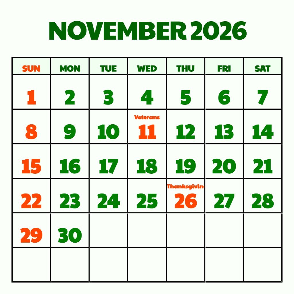 Editable Free Printable November 2026 Calendar With Holidays Notes PDF Download