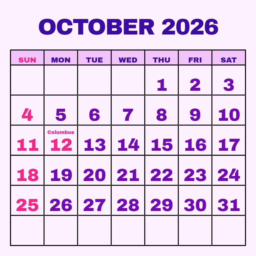 Cute Free Printable October 2026 Calendar Schedule PDF Download