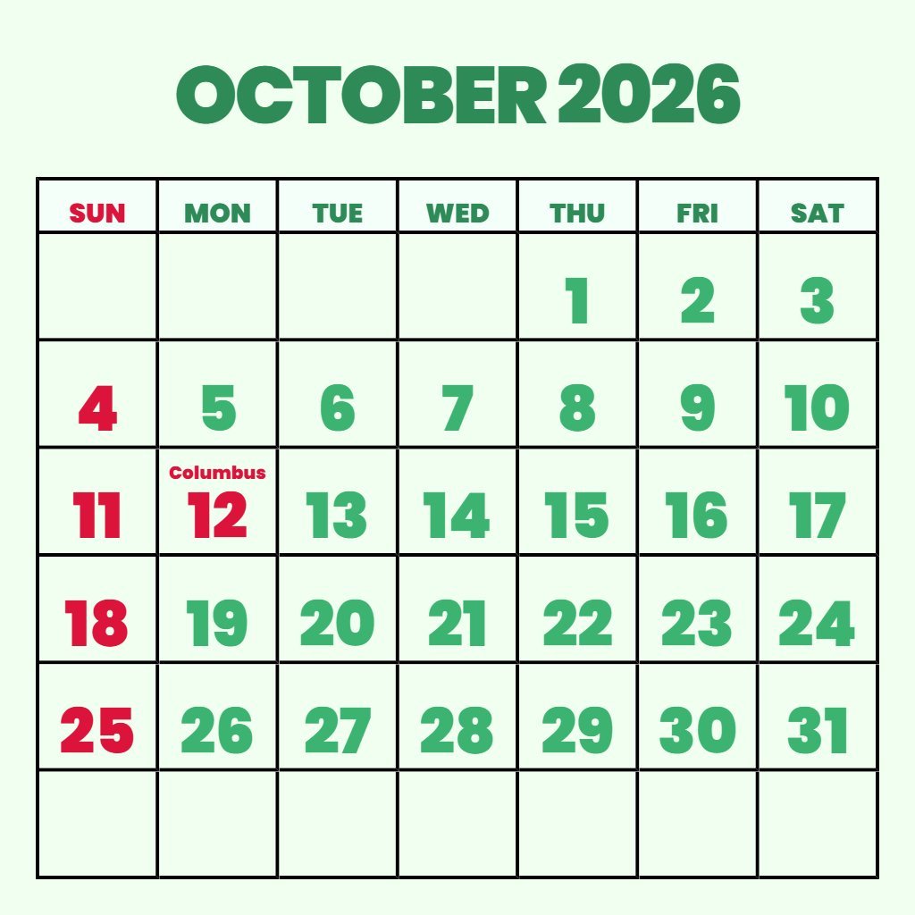 Cute Free Printable October 2026 Calendar Schedule PDF Download