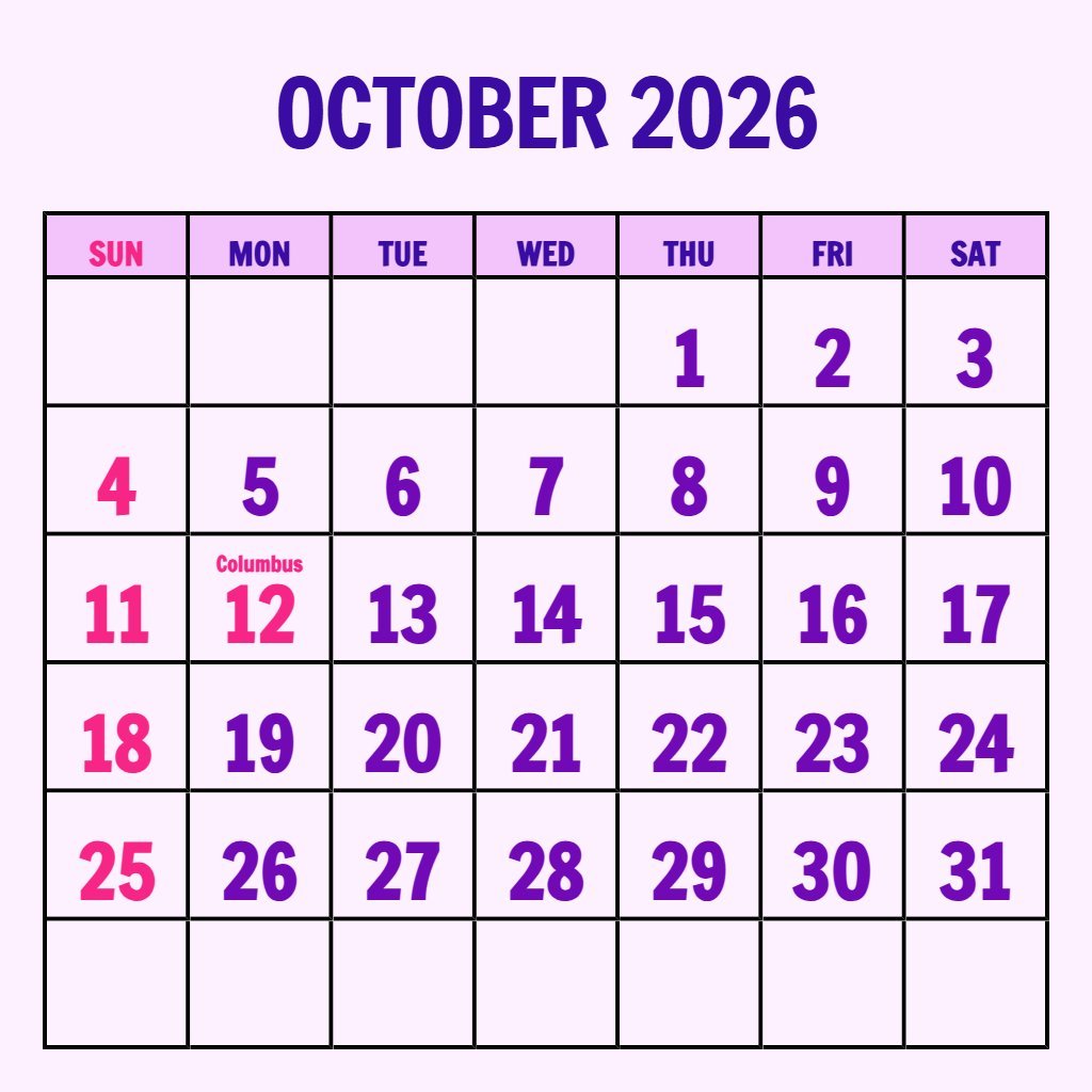 Custom Free Printable October Calendar 2026 Planning PDF Download