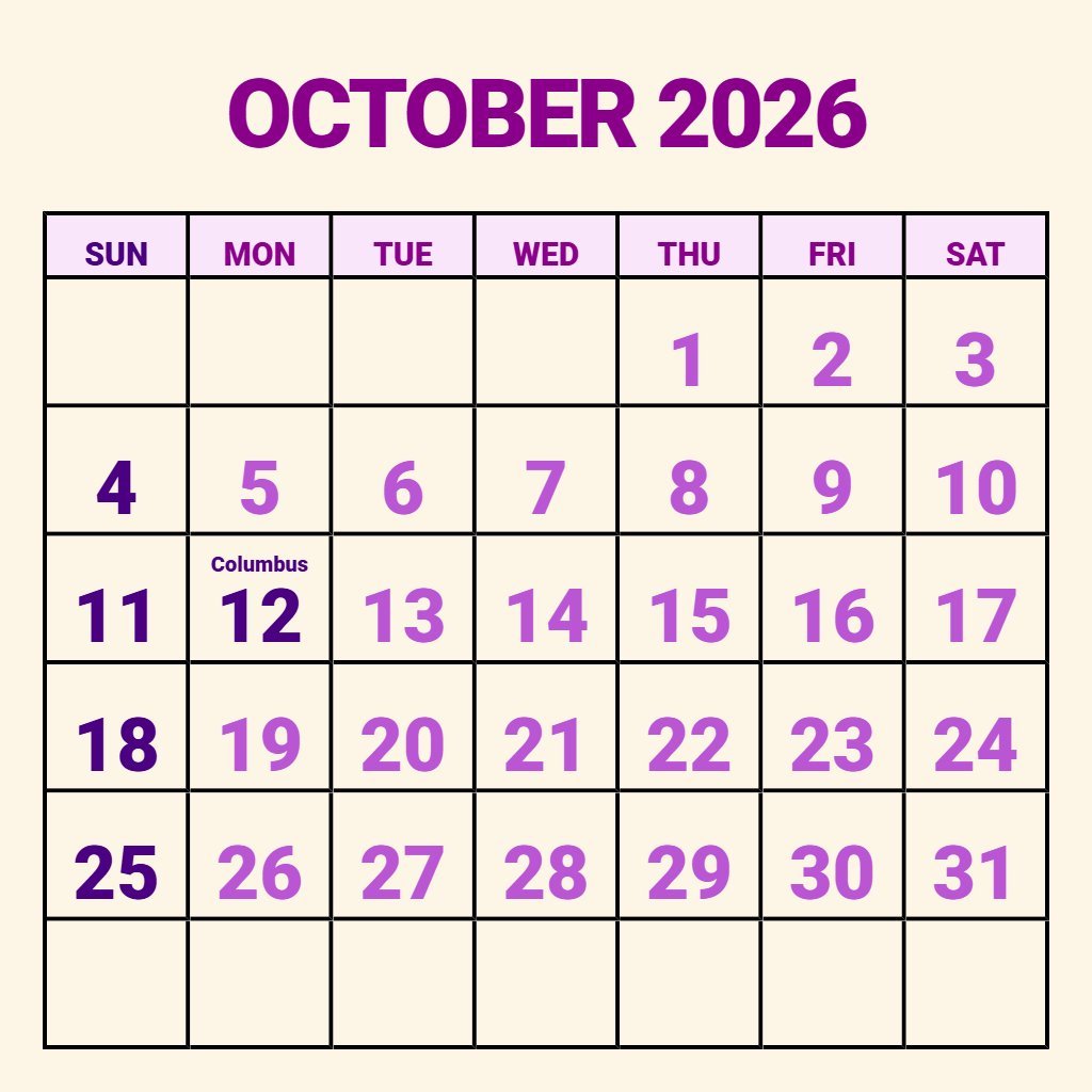 Free Free Printable October Calendar 2026 Planning PDF Download