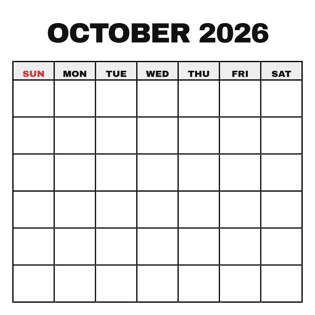 Free Printable October Calendar 2026 Blank PDF Download