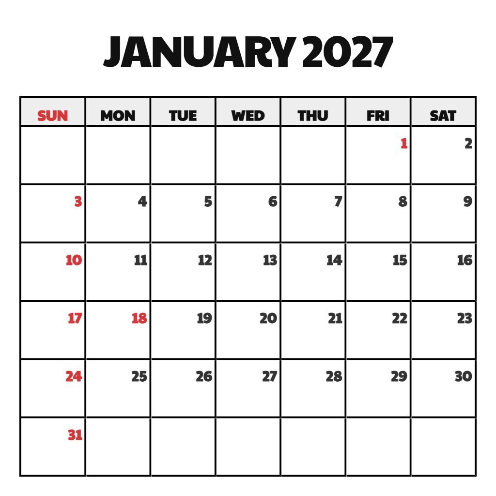 Custom Free Printable Printable January 2027 Calendar Wallpaper PDF Download