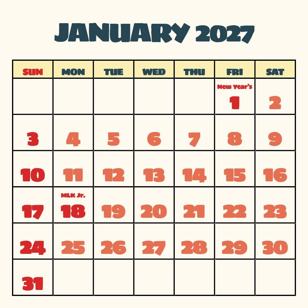 Editable Free Printable Printable January 2027 Calendar Schedule PDF Download