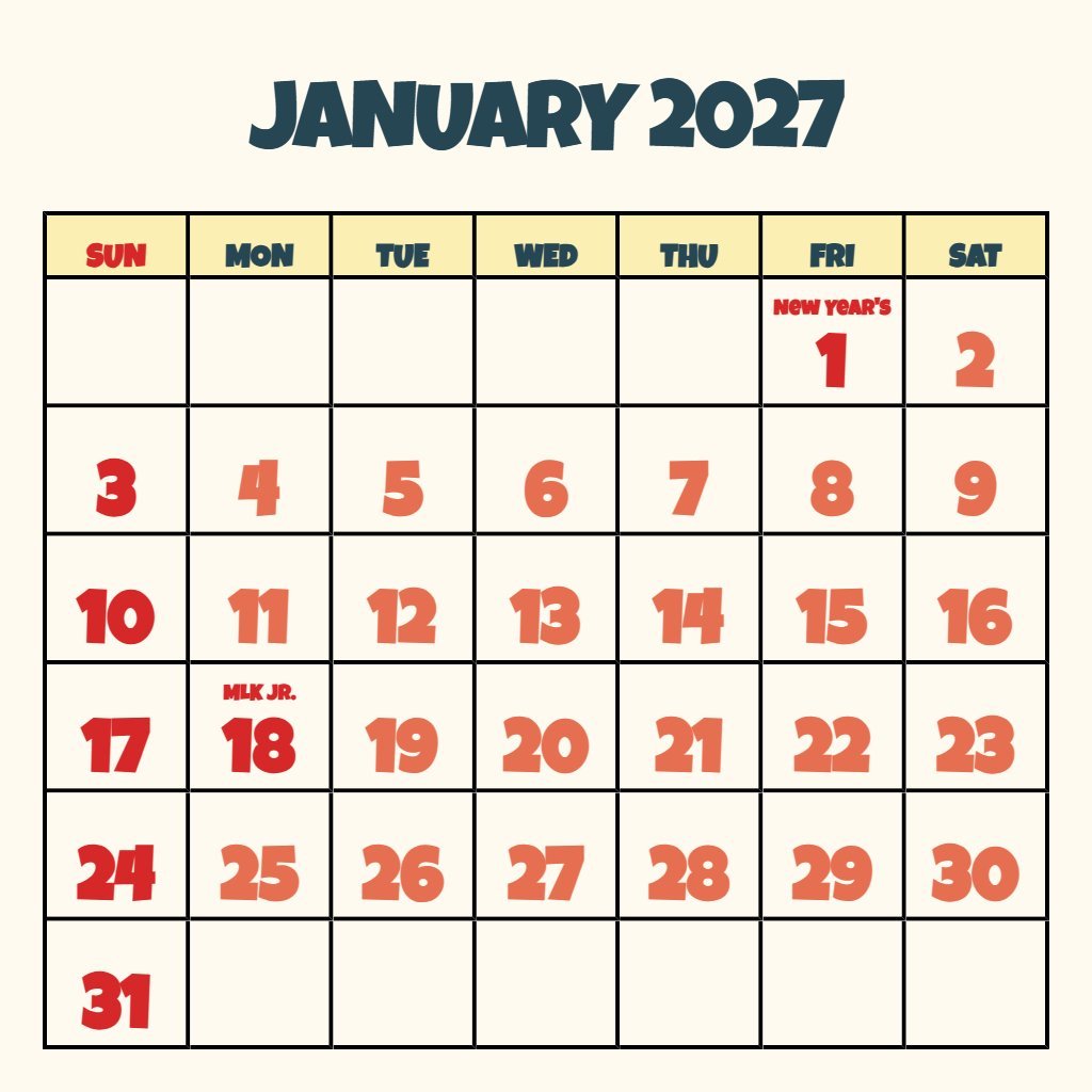 Custom Free Printable Printable January 2027 Calendar Notes PDF Download