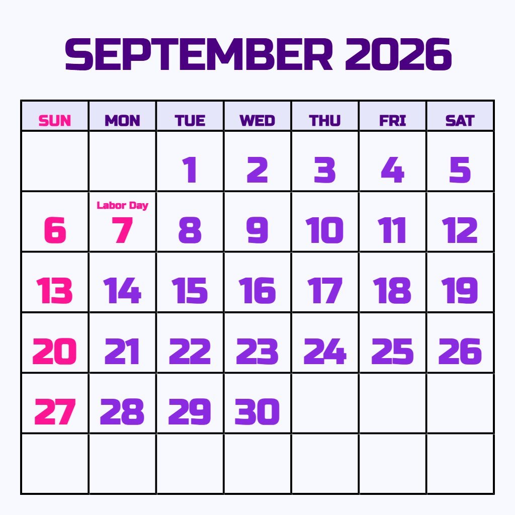 Custom Free Printable September Calendar 2026 Planning PDF Download