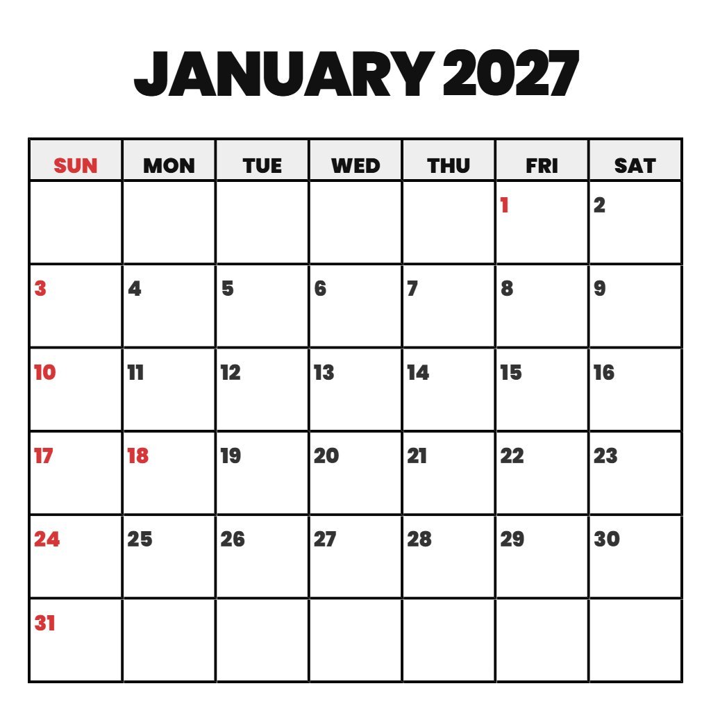 Cute Jan 2027 Calendar Printable Free Planning PDF Download
