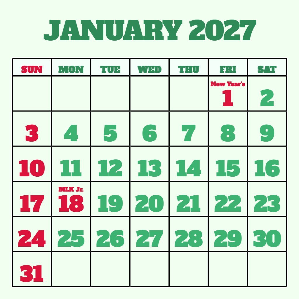 Cute Jan 2027 Calendar Printable Free Planning PDF Download
